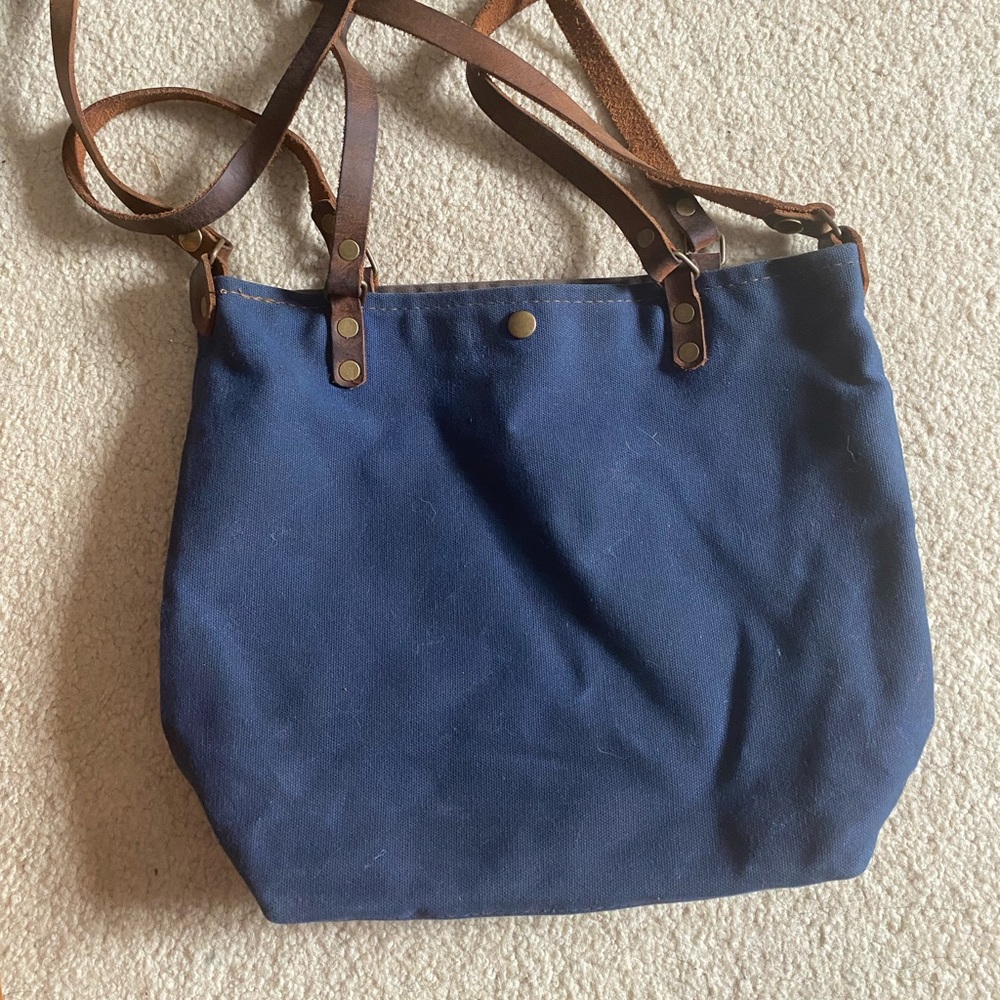 In Blue handmade canvas and leather bag
